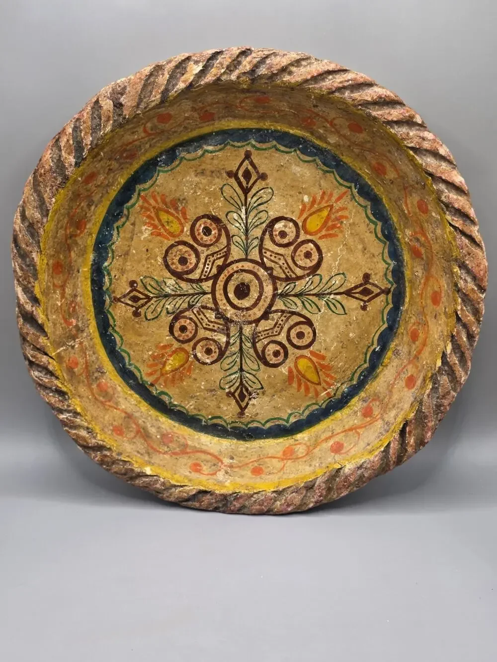 Vintage Mexican Folk Art Paper Mache Bowl Hand Painted Rope Rim Charger Plate